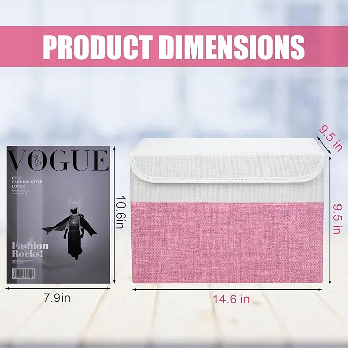 Bagnizer Large 22 Quart Linen Fabric Foldable Storage Bin Cube Organizer Basket with Flip-Top Lid &amp Handles Clothes Blanket Box for Home Office Closet Pink &amp White 4 Pack 14.6 x 9.5 x 9.5