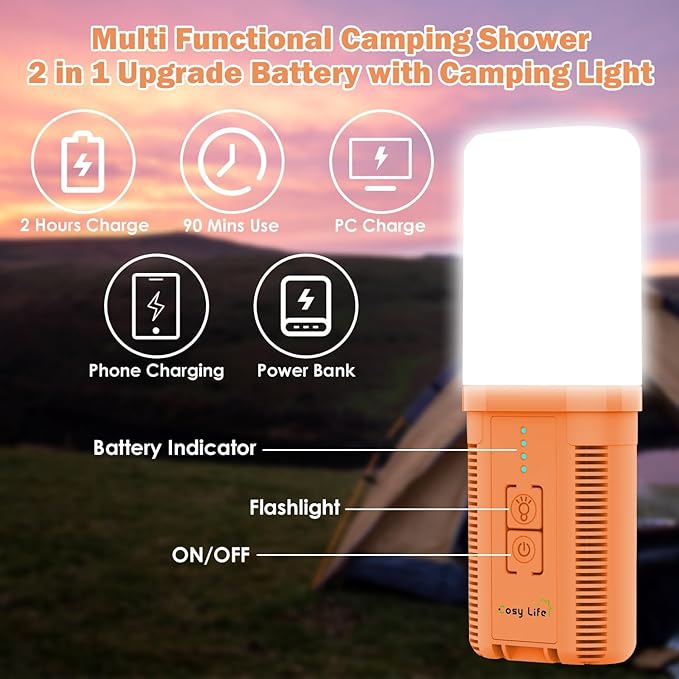 Cosy Life Portable Shower for Camping Rechargeable Camping Shower Pump with 5 Gallons Collapsible Bucket &amp LED Light Electric Outdoor Camp Shower Portable Shower Pump Camping Hiking (5.9 ft Hose