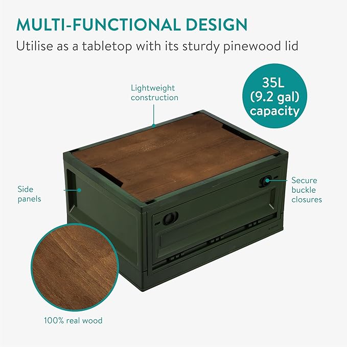 Navaris Camping Storage Box Green - 35L Foldable Bin with Pine Wood Lid - Collapsible Folding Crate - Easy to Disassemble Plastic Storage Crates - Stackable Design with Wheels