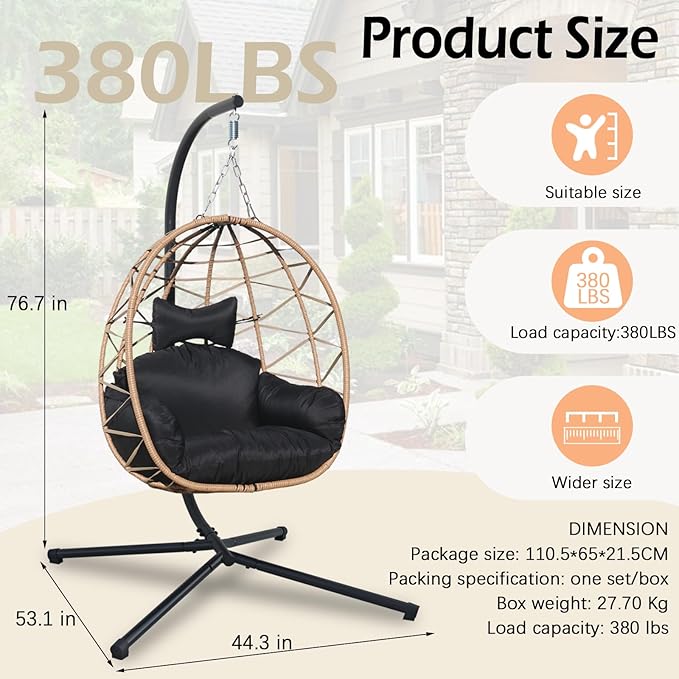 Hanging Egg Chair Swing with Stand Patio Wicker Hanging Chair Webbing &amp PE Rattan Weaving Thickened UV Resistant Cushion &amp Alloy Steel Frame 380lbs Capacity for Patio Bedroom Balcony (YH)