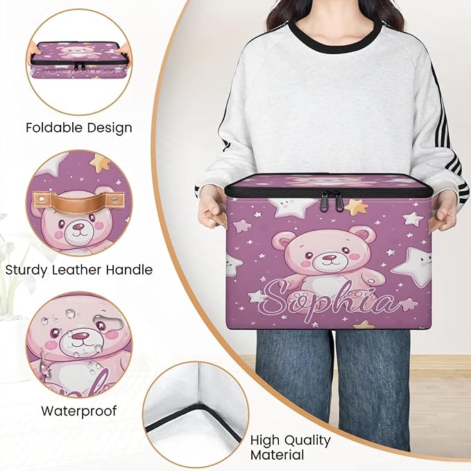 Custom Storage Basket with Name Personalized Storage Bins with Zipper Lid Foldable Fabric Storage Box Large capacity with Handle Star Pink Bear