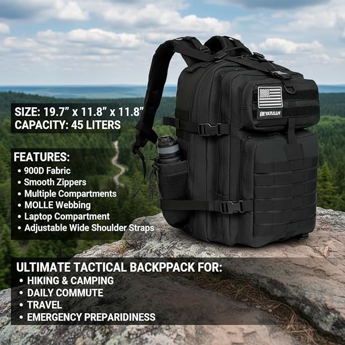 45L Military Tactical Backpack for Men &amp Women Bug Out Bag Assault pack Molle Daypack Hiking Trekking Rucksack (2.0 side pockets (black))