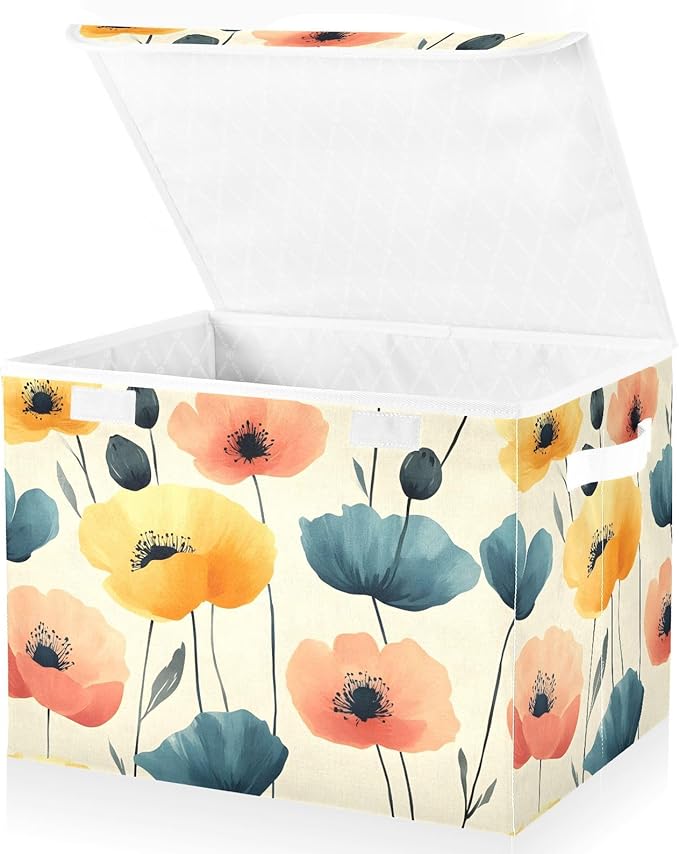 AIXIWAWA Lidded Storage Cube (Pattern Floral) Fabric Foldable Closet Bins with Flip Lid and Handles Organizer Basket Container 16.5 x 12.6 x 11.8 IN