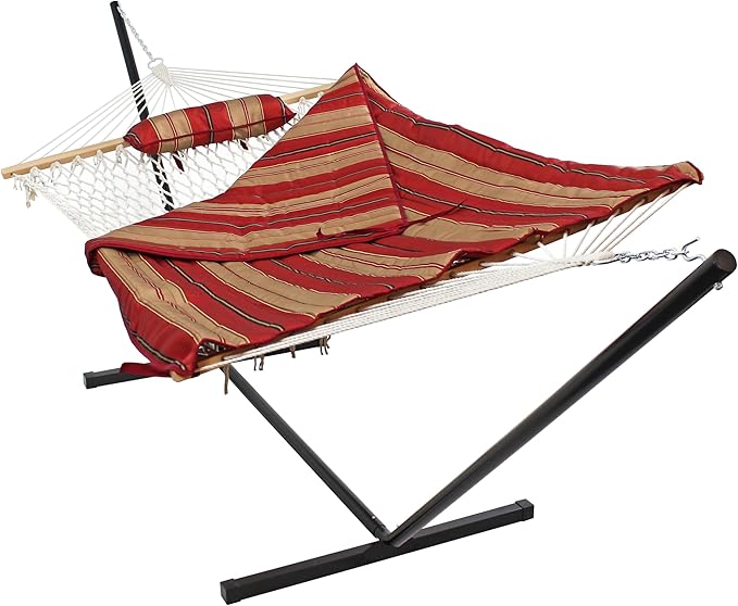 Sunnydaze Rope Hammock with Stand for Outside- 275-Pound Capacity - Includes 12-Foot Hammock Stand Spreader Bar Pad and Pillow - Green Stripe