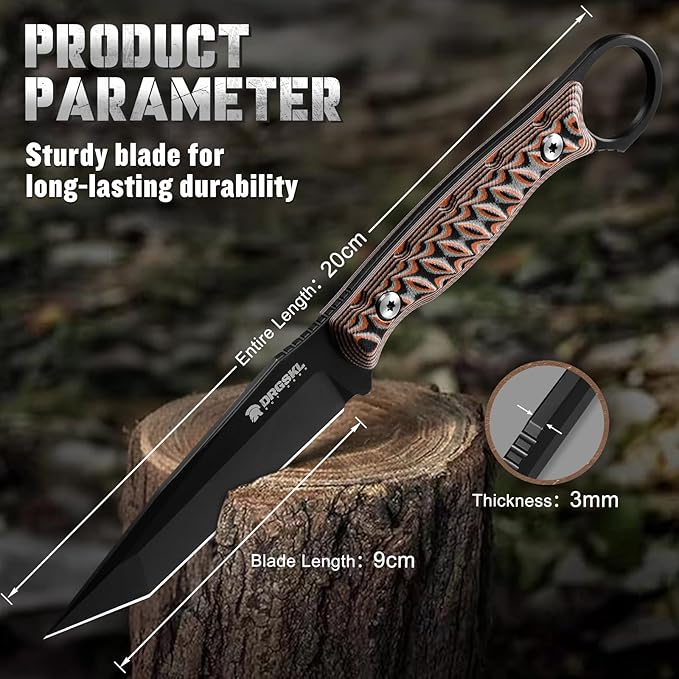 Tanto Fixed Blade Knife - Full Tang Survival Knife for Bushcraft - Camping Knives with Sheath - Black Knives Forged from a Single Piece of D2 Steel - Ideal Gift for Men - Brown