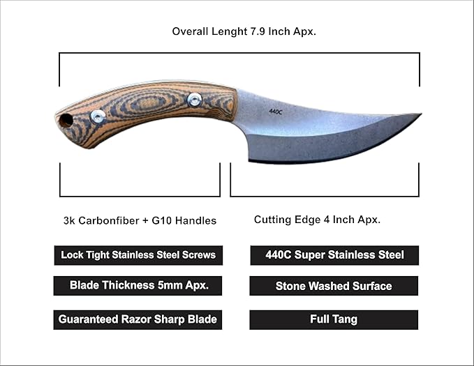 Fixed Blade Knife Carbonfiber &amp G10 Scales EDC With Kydex SheathIdeal for Skinning Survival Camping Hunting &amp Outdoor Tactical Pocket Knives For Outdoors (AT_007)