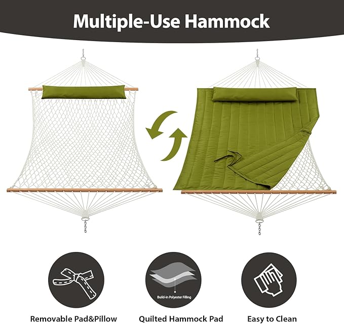 CHULIM Outdoor Double Hammock with Hardwood Spreader Bars Large Rope Hammock with Polyester Pad and Pillow 475 LBS Capacity for 2 Person Patio Backyard Poolside - Green