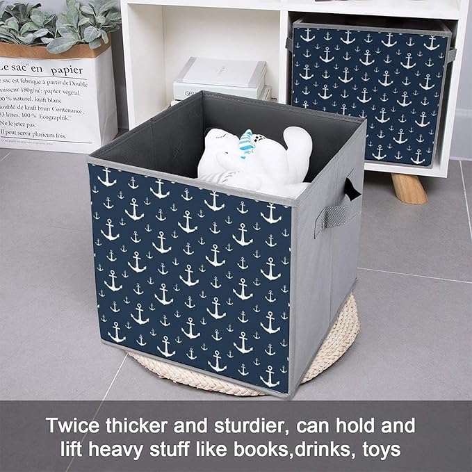 Collapsible Cube Storage Organizer with Handles Nautical Anchor Foldable Fabric Bin for Shelves Perfect for Closet Bathroom Kids' Room &amp Nursery