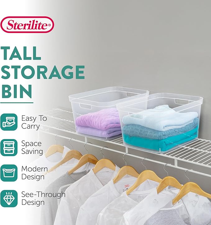Sterilite 8.25x12.25x15 Inch Modern Polished Storage Bin w/Comfortable Carry Through Handles &amp Banded Rim for Household Organization Clear (6 Pack)