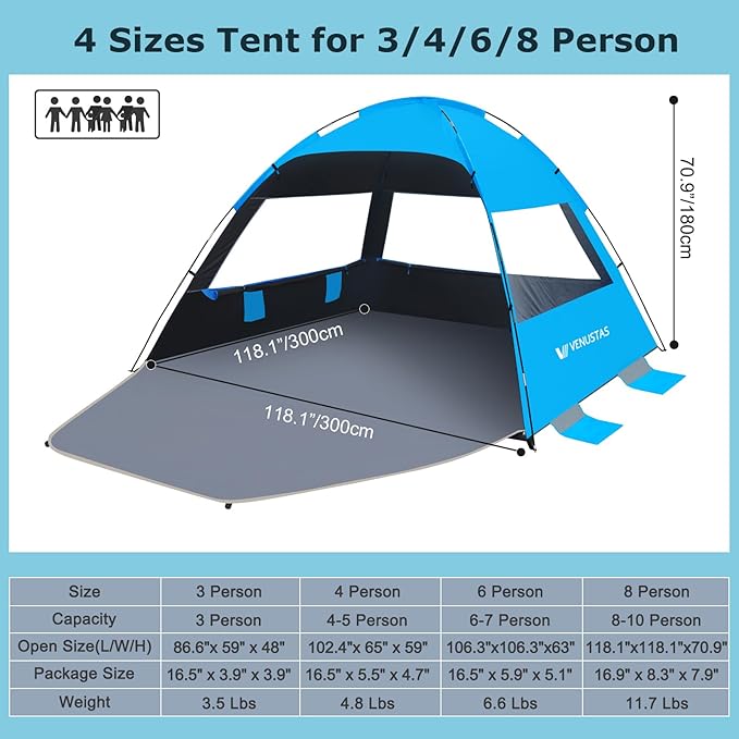 Venustas Beach Tent Sun Shelter for 3/4/6/8 Person UPF 50+ UV Protection Beach Canopy Lightweight and Easy Setup Cabana Portable Shade Tent