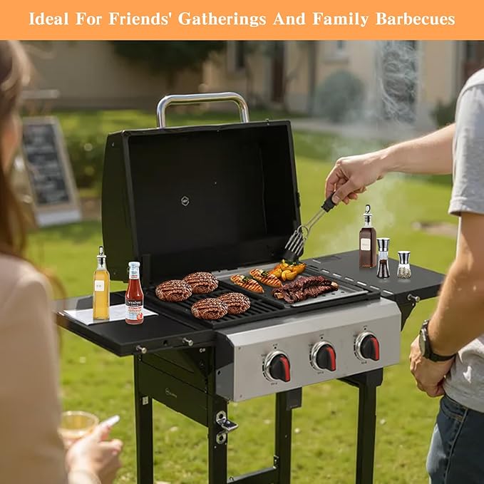 CIG GARDEN 3-Burner Propane Grill 31500 BTU Outdoor BBQ with Cast Iron Grates &amp Side Burner for Backyard Patio Tailgating &amp Camping