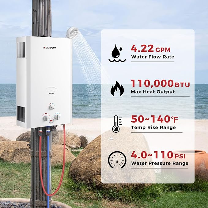 CAMPLUX Outdoor Tankless Water Heater Propane 4.22 GPM Propane Tankless Water Heater 16L Outdoor Water Heater for Camping Remote Cabins Tiny House &amp Mobile Home 110000 BTU BW422
