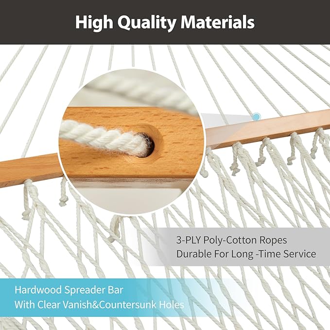 CHULIM Outdoor Double Hammock with Hardwood Spreader Bars Large Rope Hammock with Polyester Pad and Pillow 475 LBS Capacity for 2 Person Patio Backyard Poolside - Bule Stripe