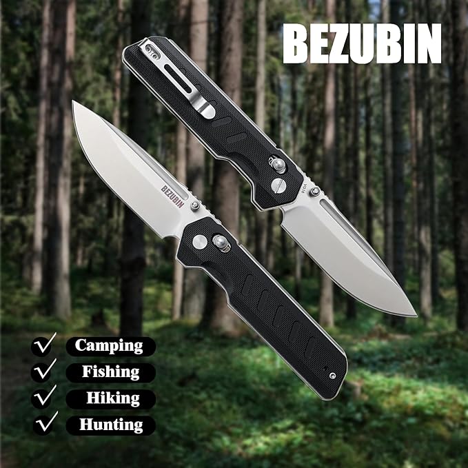Folding Pocket Knife 3.25 VG10 Blade EDC Folding Knife with Safety Axis Lock Black G10 Handle Hunting Camping Knife with Thumb Stud Opener