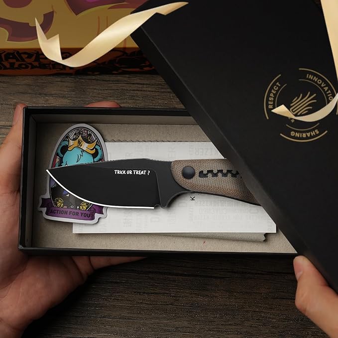 Kizer Hare Fixed Blade Knife 3.14 Nitro V Blade Halloween EDC Hunting Knife with Brown Micarta and Black G10 Handle Small Camping Knives with Kydex Sheath Survival Knives for Men Women 1077HW1