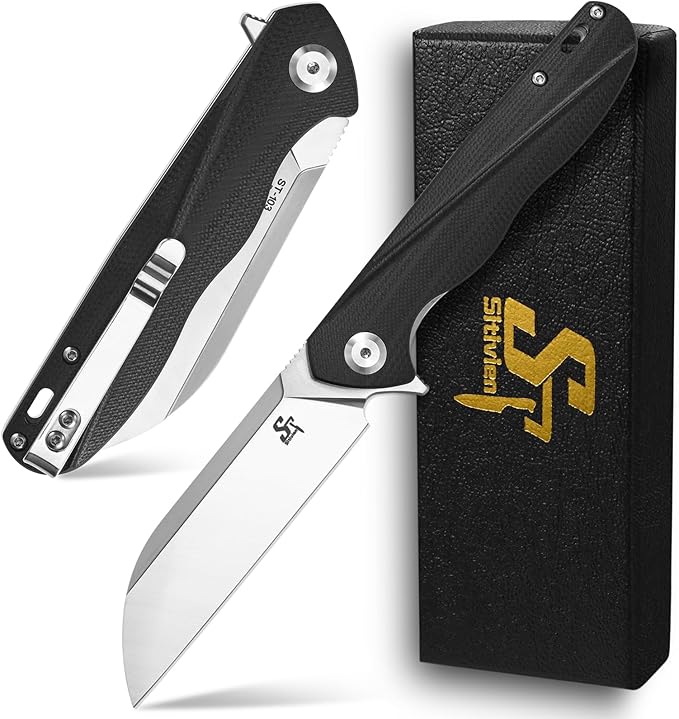 Sitivien ST103 Folding Knife D2 Steel Blade+G10 Handle Pocket Knife EDC Tool Knife for Outdoor Camping Hunting Survival (Black)