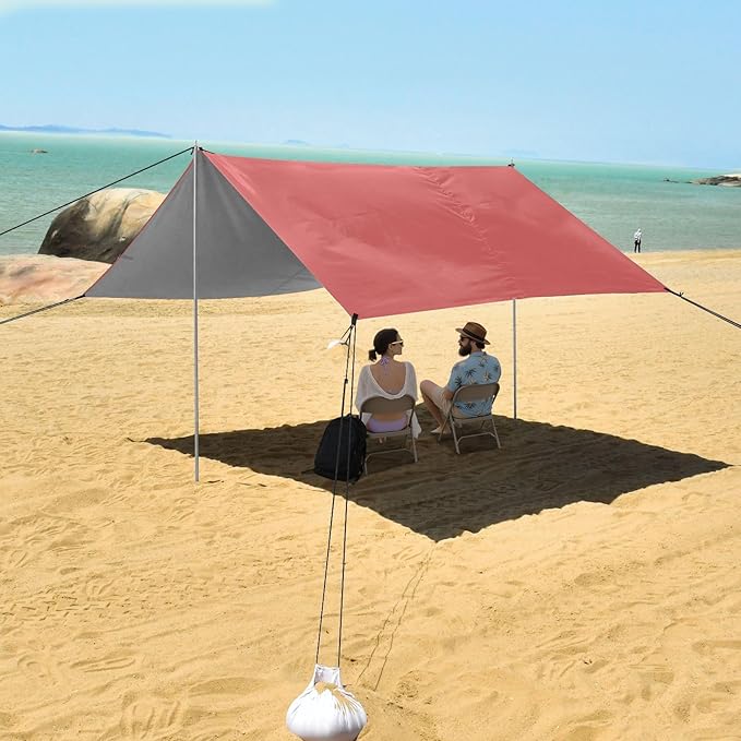 Indian Red Foldable Beach Tent UPF50+ Protection Easy Setup Sun Shelter with Sandbags &amp Sand Shovel for Camping Trips Fishing Backyard Fun or Picnics