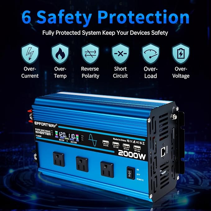 2000W Pure sine Wave Inverter 4000W (Peak) DC 12V to AC 110V/120V Converter with LCD Display Wireless/Wired Remote Control 3AC Outlets and 4USB for Camping RV Travel Off-Grid Solar Systems