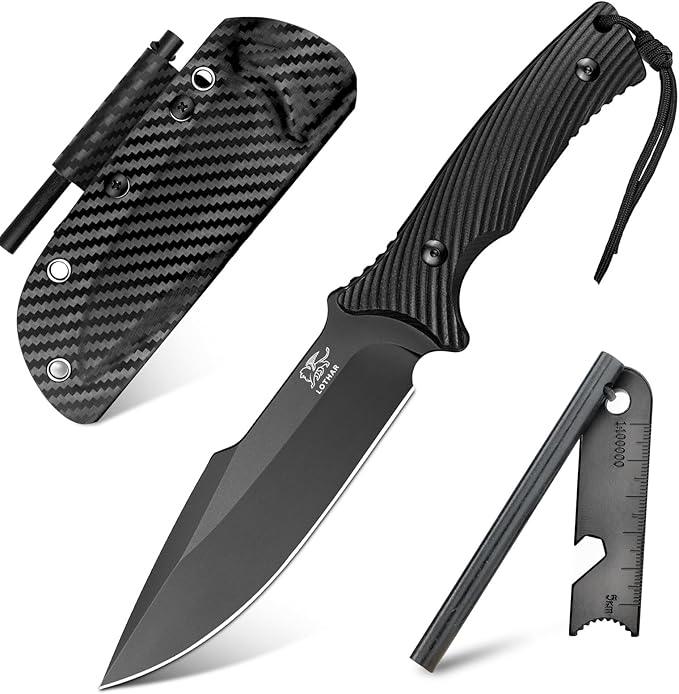 LOTHAR KA52 Fixed Blade Knife Sharp D2 Steel Blade Survival Knives with Kydex Sheath Hunting Knives with G10 Handle Camping Bushcraft Knife for Outdoor Camping Gifts For Men