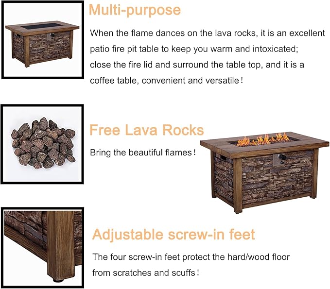 Afterglow Outdoor Retangular TerraFab Propane Fire Pit Table for Outside Patio Backyard Garden with Weather Cover and Lava Rocks 50000 BTU 43.5”Lx27.36”Wx23.8”H Brown CSA Certificated