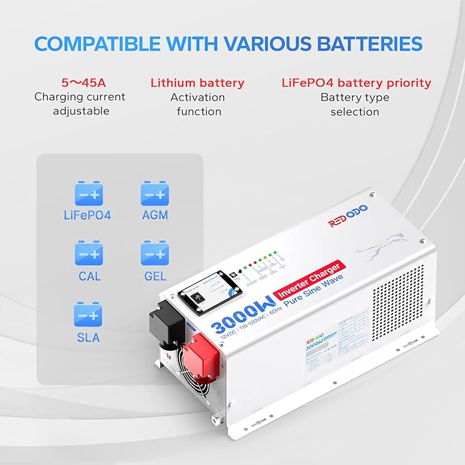Redodo 3000W Pure Sine Wave Inverter Charger 12V DC to 120V AC Surge 9000W with Remote Control for Off-Grid RV Home Backup Compatible with Lithium &amp Various Batteries