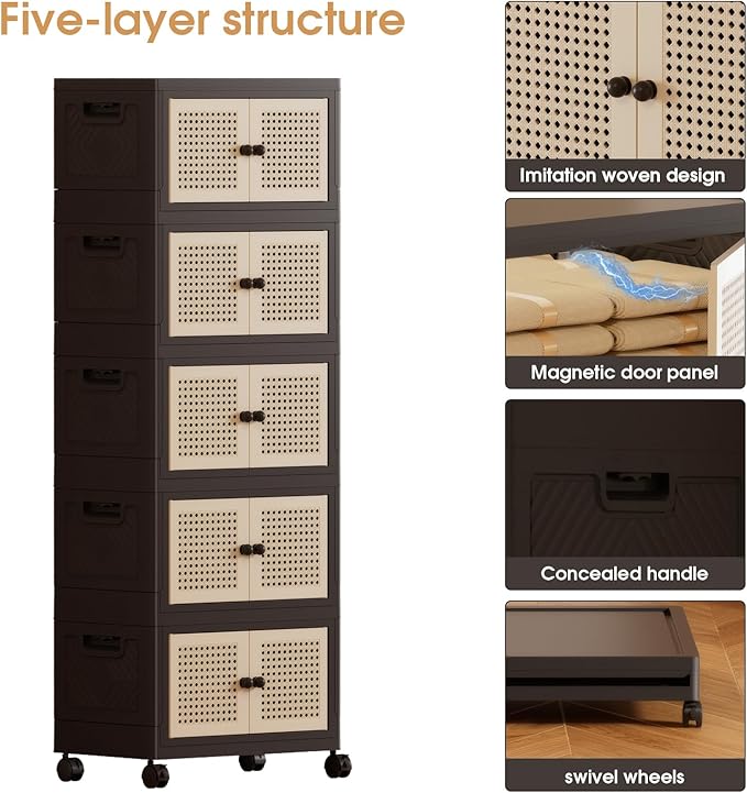 Foldable Plastic Storage Cabinet with Wheels Rattan-Style Doors Stackable Organizer with Magnetic DoorsStorage Boxes for Living Room Bedroom Office 5-Tier