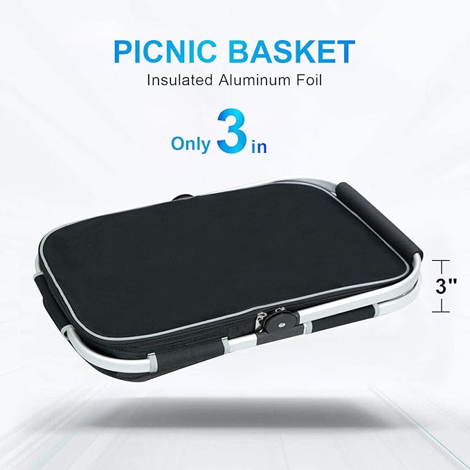 LIQING 35L Large Picnic Basket 2 Layers of Internal Pockets Leak-Proof and Insulated Folding with Internal Support for enhansed Stability Wedding Gifts for Couple(Black)
