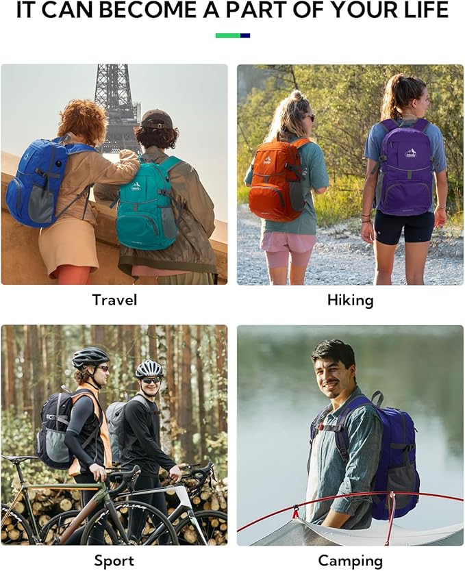 WATERFLY Hiking Packable Daypack Backpack: 25L Ultra Lightweight Day Pack for Woman Man - Small Compact Folding Back Pack for Outdoor Sport Cycling Camping Travel Trip - Purple