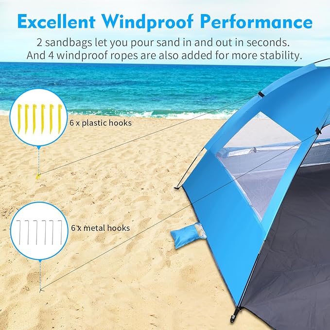 Beach Tent Sun Shelter for 2 Person Portable Foldable Lightweight Waterproof Windproof Easy Set Up for Family Camping Hiking Mountaineering Outdoor