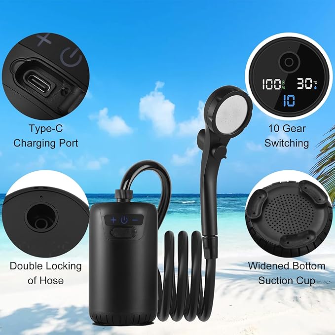 Portable Shower for Camping 8000mAh Rechargeable Camping Shower Electric Showers with Intelligent Digital Display Outdoor Camp Pump Showerhead Nozzle for Hiking