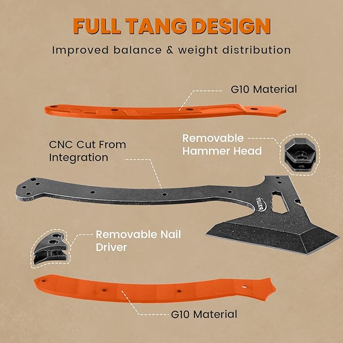 Tactical Axe with G10 Handle Camping Survival Hatchet Multifunctional Outdoor Hiking Heavy Duty Full Tang Tomahawk Tools with Hammer Unique Design Crowbar Leather Sheath (Orange)