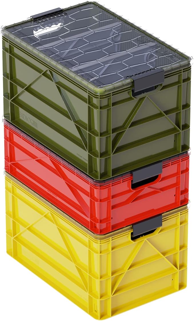 SIDIO CRATE Pro Pack - Two Full Size and One Half Size SidioCrate Stackable Outdoor Organizer Storage Bins with Clear Lid and Dividers - UTILITY Variety Pack