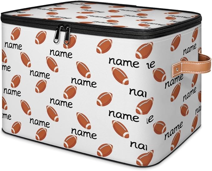 Custom Storage Bins with Zipper Lid Football Personalized Foldable Storage Baskets Brown Closet Shelf Clothes Organizer Cube with PU Leather Handles