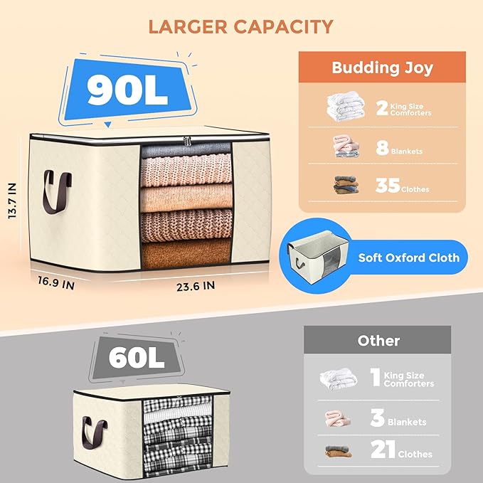 90 L Large Storage Bags 6 Pack Clothes Storage Bins Foldable Closet Organizers Storage Containers with Reinforced Handle for Clothing Blanket Comforters Bed Sheets Pillows and Toys (Beige)