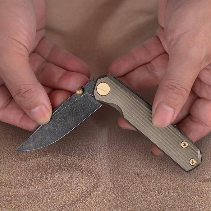Folding Pocket Knife 2.95 Elmax Blade EDC Knife with Titanium Handle and Frame Lock Small Pocket Knife with Clip for Men Sharp Camping Hiking Hunting Survival Knives (Gold)