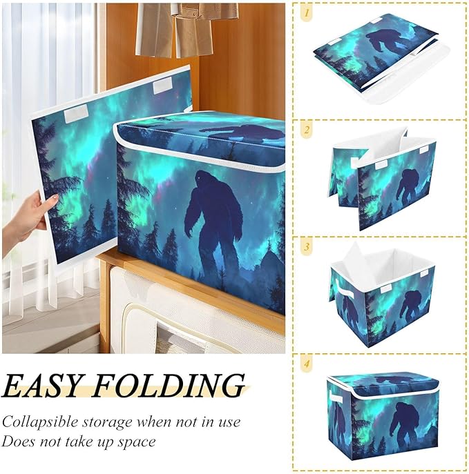 Storage Cube with Lid Aurora Sasquatch Print 16.5×12.6×11.8 IN Collapsible Large Capacity Foldable Storage Basket Bin Organizer