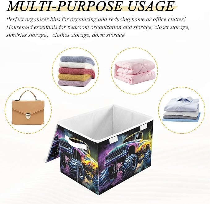 Watercolor Monster Truck Storage Cube Bins Basket with Lid Collapsible Flip-top Fabric with Handle for Home Bedroom Closet Office 16.5×12.6×11.8 in