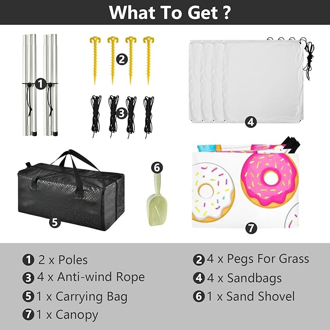 Beach Canopy with Windproof Ropes &amp Sandbags Beach Tent Sun Shade Sun Shelter for Camping Trips Fishing Backyard Fun or Picnics Donuts
