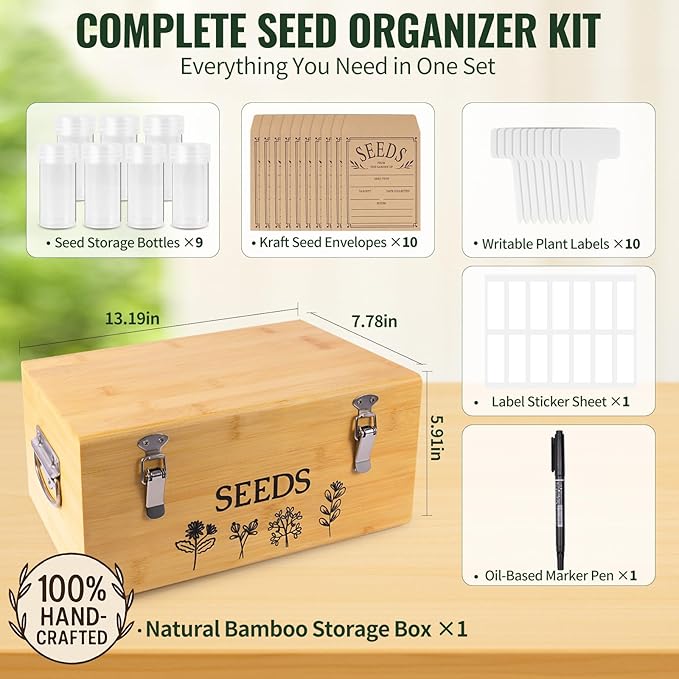 Large Bamboo Wood Seed Storage Organizer Box with LidDouble-Layer Seal Design Seed Saving Box with 304 Stainless Steel Safety LockHandlesExtra Seed Envelopes and Labels (Wood)