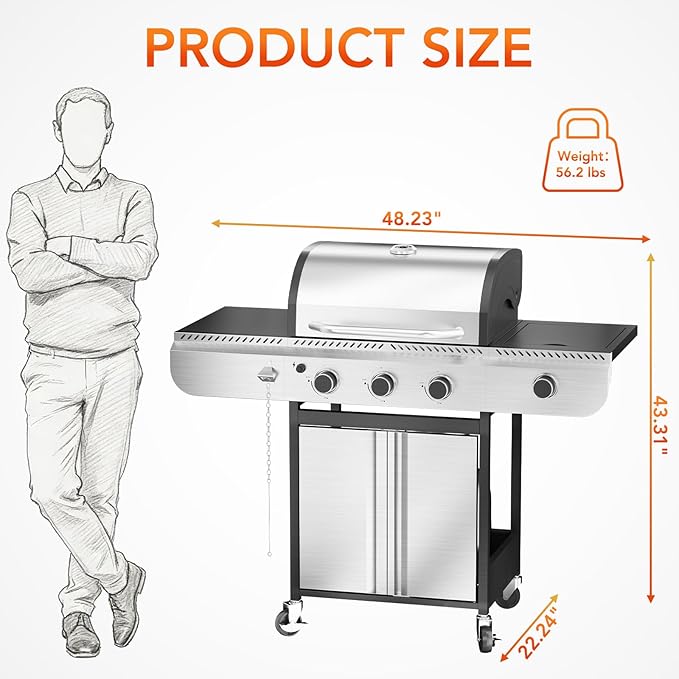 R.W.FLAME 3-Burner Gas Grill with Side Burner 34000 BTU Propane BBQ Grill Stainless Steel Outdoor Grill with Porcelain-Enameled Grates for Backyard Patio Camping