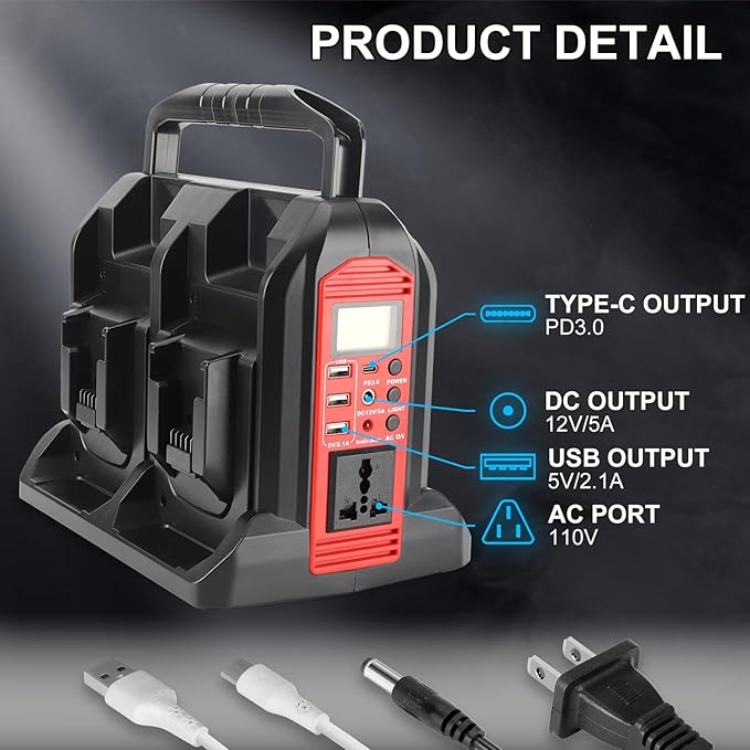 350W Inverter for Milwaukee 18V Li-ion Battery 4-Port 20V to 120V Pure Sine Wave Inverter with LED Light 3 USB-A Port 1 USB-C Port 1 DC Port Power Station for Outdoor Camping(No Battery)
