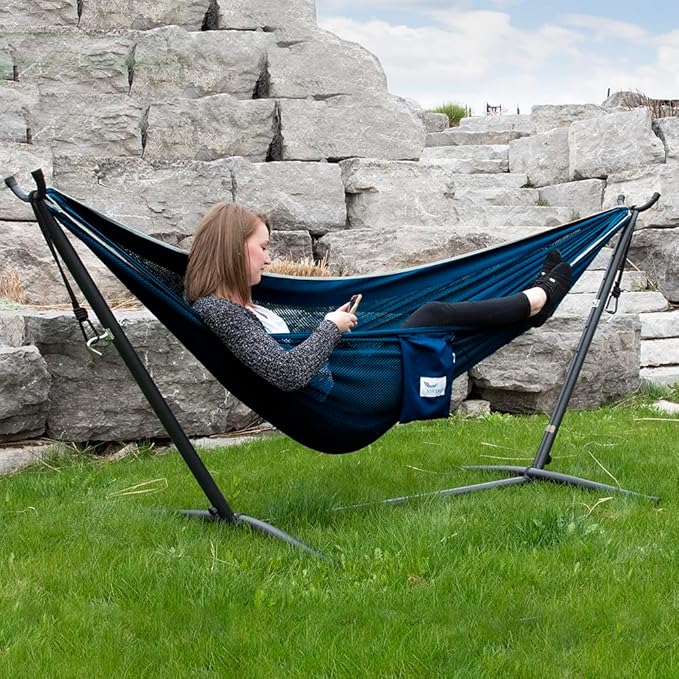 Vivere C9MESH-42 Hammock with Stand Navy and Turquoise