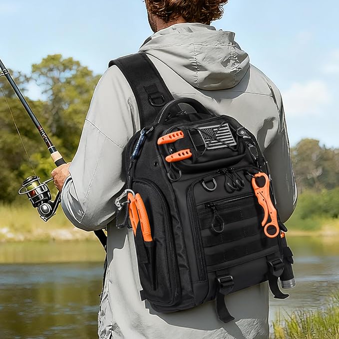 18L Fishing Sling Bag with Removable Lure Wraps and Rod &amp Beverage Holder Tackle Bag for Fishing Gear