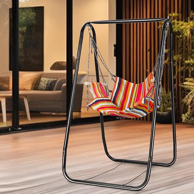Hammock Chair Stand Indoor Balcony Swing Chair with Rack Heavy-Duty Hammock with Stand Included Kids Hammock Chair for Outdoor Patio Yard A-Shaped Cotton Rope Solid Wood Fixing Bearing 440lbs