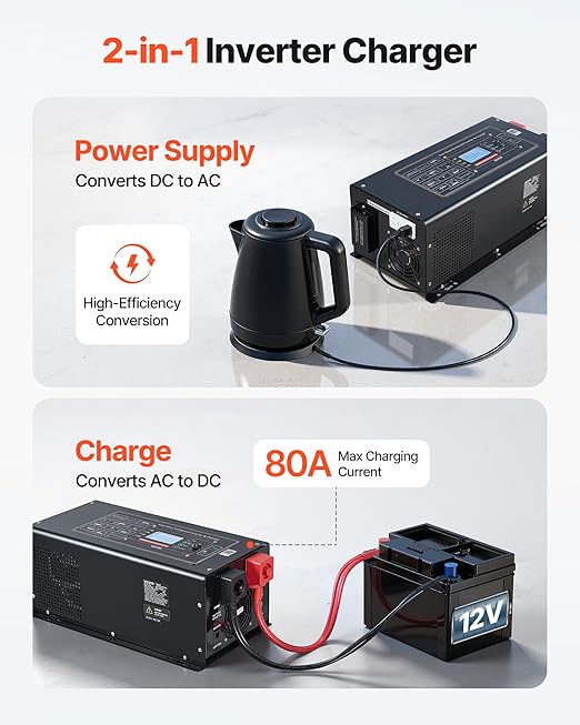 VEVOR Pure Sine Wave Inverter Charger 3000W DC 12V to AC 120V Power Inverter with LCD Display Remote Control Low Frequency for RV Camper Home Compatible with 12V LiFePO4 and Lithium Batteries