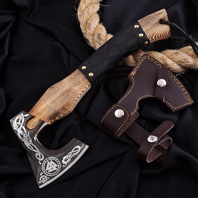 Handmade Viking Axe – Carbon Steel Blade with Ashwood Handle – Norse Hatchet for Outdoor Camping &amp Hunting Black Leather Wrapped Handle with Leather Sheath Wood Splitting Axe Viking Gifts for M