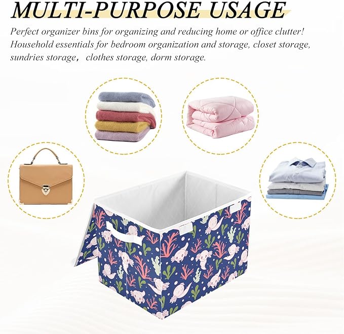 Storage Box Cute Axolotl Salamander Closet Storage Bins with Lids Foldable Oxford Fabric Storage Box for Home Bedroom Closet Office (16.5x12.6x11.8 in)