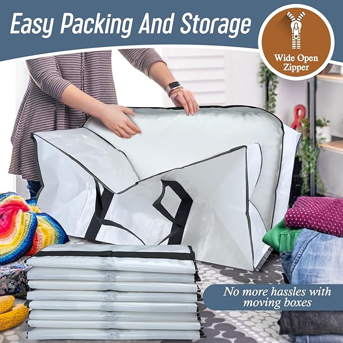 6 Pack Extra Heavy Duty Large Moving Bags with Strong Zipper &amp Comfortable Handles Sturdy &amp Durable Clothes Storage Bags Totes Bins Packing Moving Boxes for College Supplies White