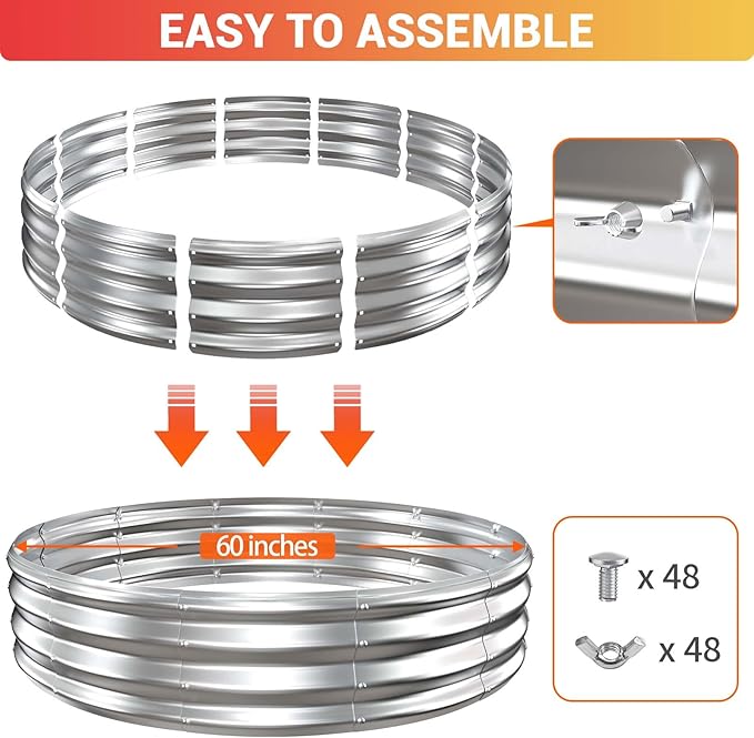 60 Inch Extra Large Fire Pit Ring for Outside Heavy Duty Wood Burning Firepits &amp Outdoor Fireplace12'' Tall High Heat Resistant Fire Bowl Galvanized Steel Portable for Backyard BonfirePatioCam