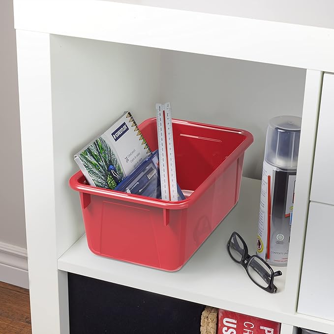 Storex Small Cubby Bins – Plastic Storage Containers for Classroom with Non-Snap Lid 12.2 x 7.8 x 5.1 inches Red 5-Pack (62407A05C)